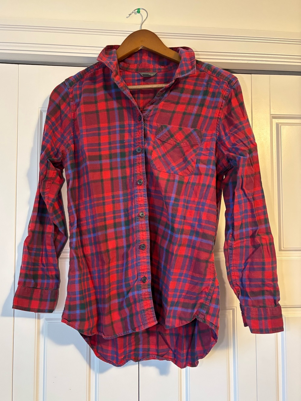 Eddie Bauer, 100% cotton red and blue plaid flannel button up shirt